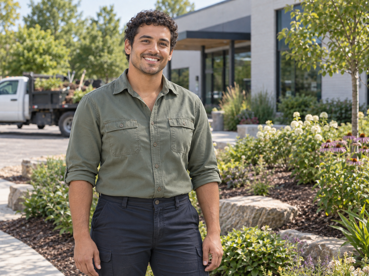 Illustrative image of a smiling young male field manager outdoors at a landscaping job site.