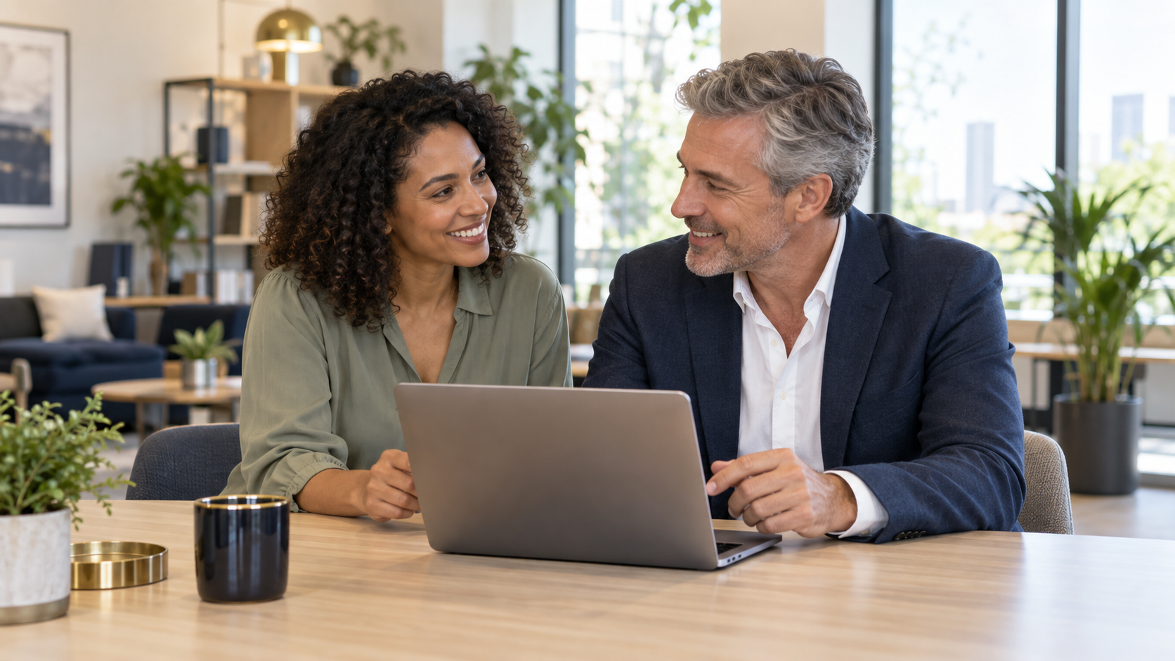 Illustrative image of a male and female manager smiling together while reviewing work at a laptop.